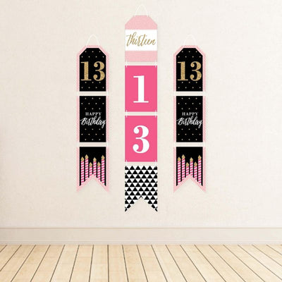 13th Birthday - Pink, Black & Gold - Hanging Vertical Paper Door Banners