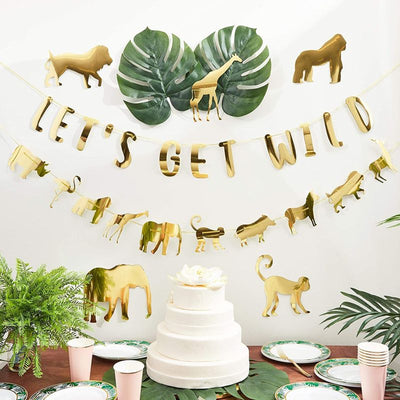 Set of 2 Gold Foil "Let's Get Wild" & Jungle Safari Animal Banner